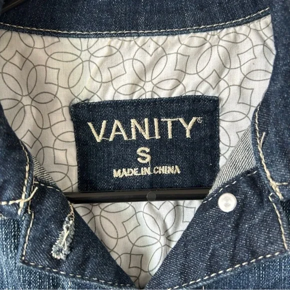 Vanity Dark Blue Distressed Denim Cropped Button Up Small Jean Jacket for Women - Picture 3 of 10